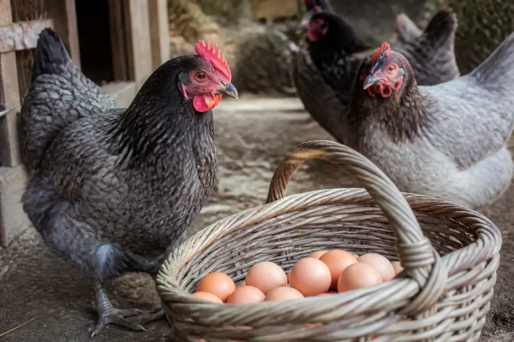 Poules cendrees pres dun panier rempli oeufs bruns