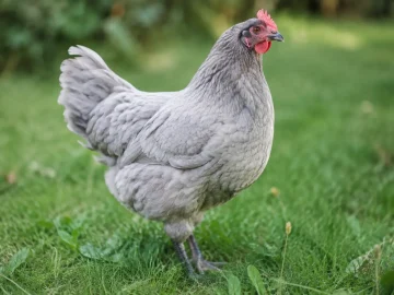 Volaille au plumage gris perle debout sur herbe verte